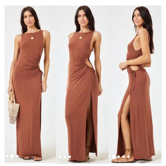 L Space Tiana Maxi Dress Size Large Coffee Tan Cut Out Side Stretch Quiet Luxury - Picture 2 of 13